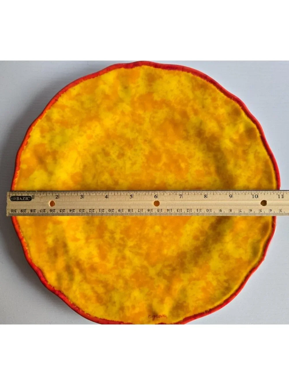 2 CITRUS GROVE Dinner Plates-Yellow/Red Print & Blue/Black Print Each 11 inches